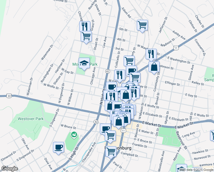 map of restaurants, bars, coffee shops, grocery stores, and more near 251 Virginia Avenue in Harrisonburg