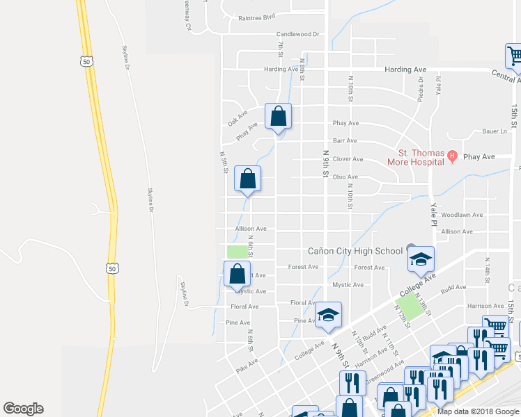map of restaurants, bars, coffee shops, grocery stores, and more near 611 Woodlawn Avenue in Cañon City