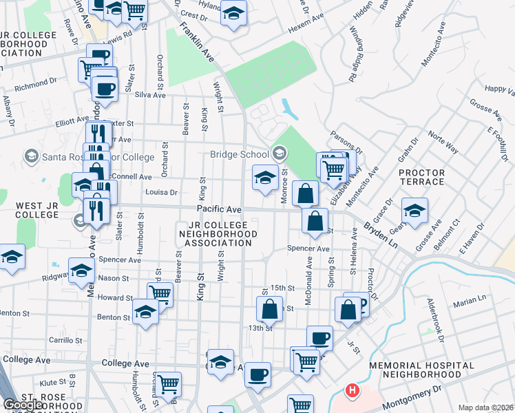 map of restaurants, bars, coffee shops, grocery stores, and more near 1480 North Street in Santa Rosa