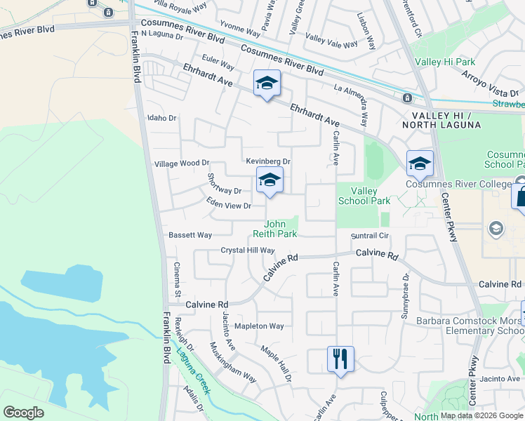 map of restaurants, bars, coffee shops, grocery stores, and more near 5540 Eden View Drive in Sacramento
