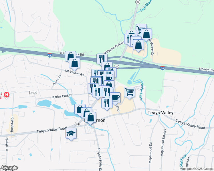 map of restaurants, bars, coffee shops, grocery stores, and more near 4194 West Virginia 34 in Hurricane
