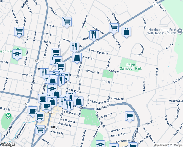 map of restaurants, bars, coffee shops, grocery stores, and more near 439 Myrtle Street in Harrisonburg