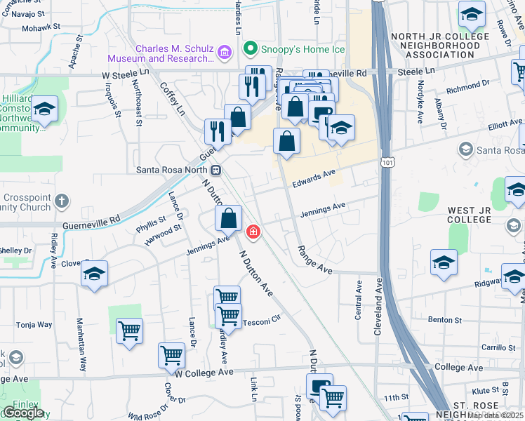 map of restaurants, bars, coffee shops, grocery stores, and more near 1320 Edwards Avenue in Santa Rosa