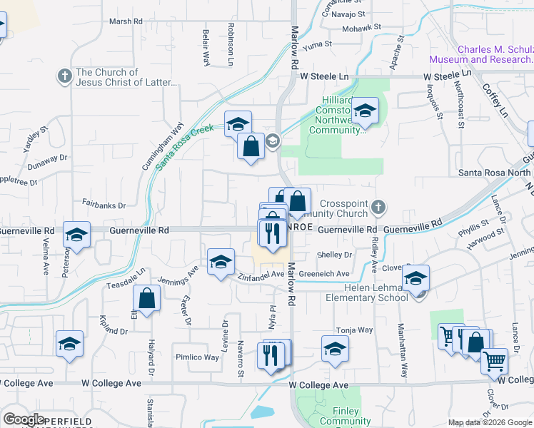 map of restaurants, bars, coffee shops, grocery stores, and more near 2041 Guerneville Road in Santa Rosa