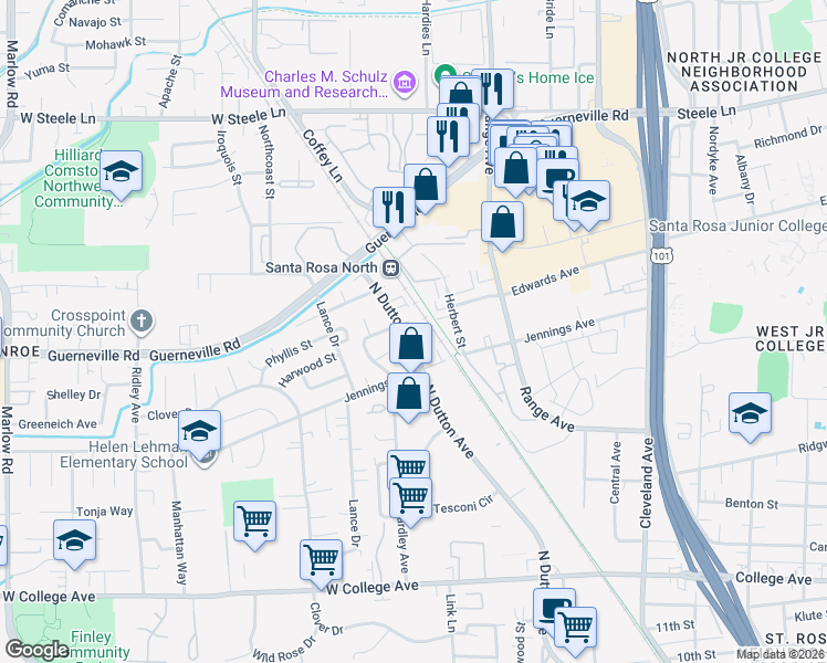 map of restaurants, bars, coffee shops, grocery stores, and more near 1094 Guaymas Court in Santa Rosa