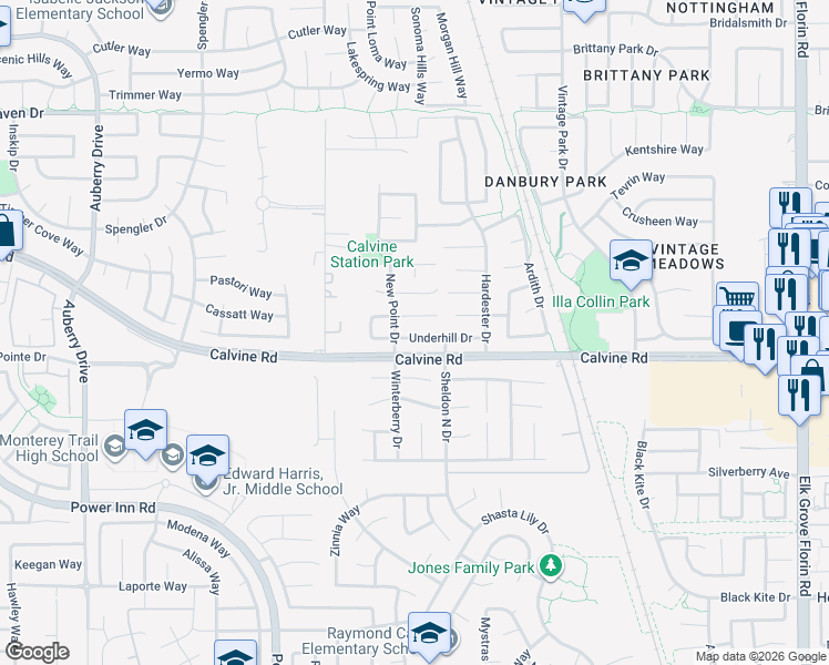 map of restaurants, bars, coffee shops, grocery stores, and more near 8595 New Forest Way in Sacramento