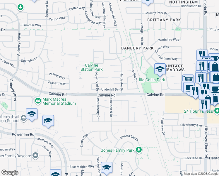 map of restaurants, bars, coffee shops, grocery stores, and more near 8599 Underhill Drive in Sacramento