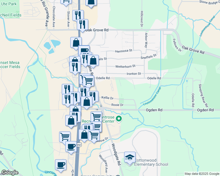 map of restaurants, bars, coffee shops, grocery stores, and more near 1700 Odelle Road in Montrose