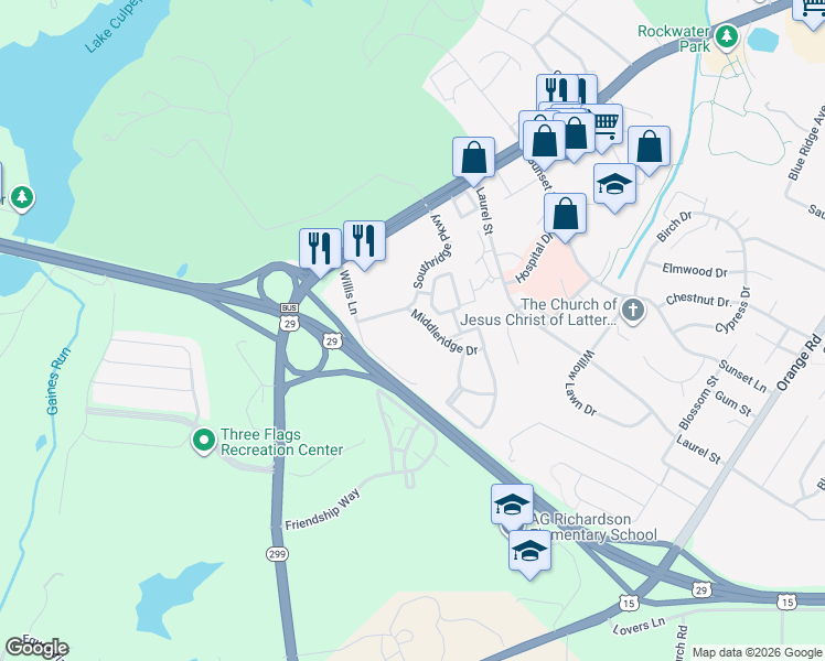 map of restaurants, bars, coffee shops, grocery stores, and more near 690 Southview Court in Culpeper