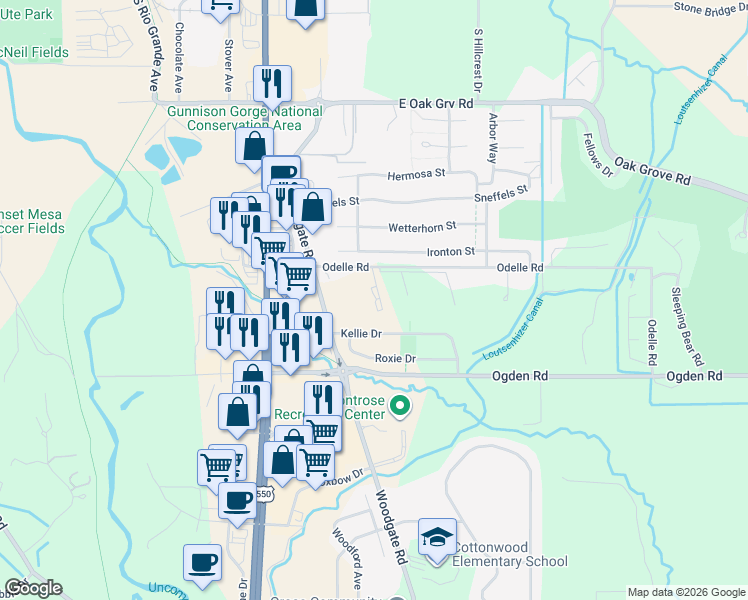 map of restaurants, bars, coffee shops, grocery stores, and more near 1628 Odelle Rd in Montrose