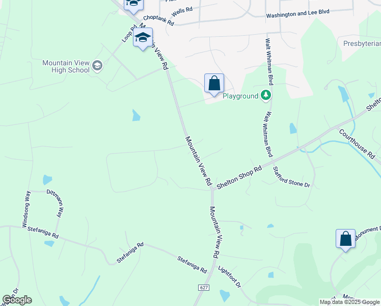 map of restaurants, bars, coffee shops, grocery stores, and more near 1967 Mountain View Road in Stafford