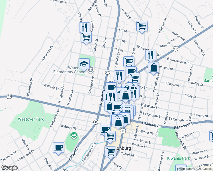 map of restaurants, bars, coffee shops, grocery stores, and more near 251 Virginia Avenue in Harrisonburg