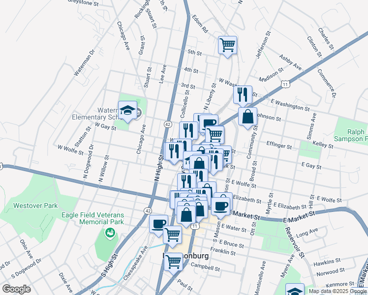 map of restaurants, bars, coffee shops, grocery stores, and more near 365 North Liberty Street in Harrisonburg
