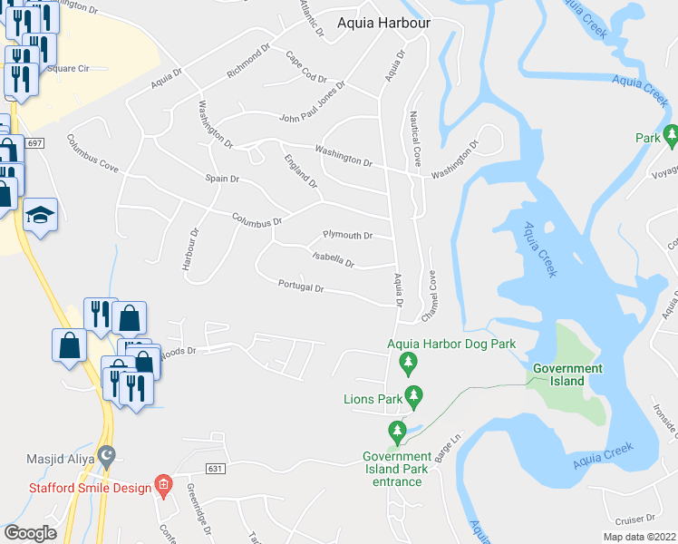 map of restaurants, bars, coffee shops, grocery stores, and more near 1025 Isabella Drive in Stafford