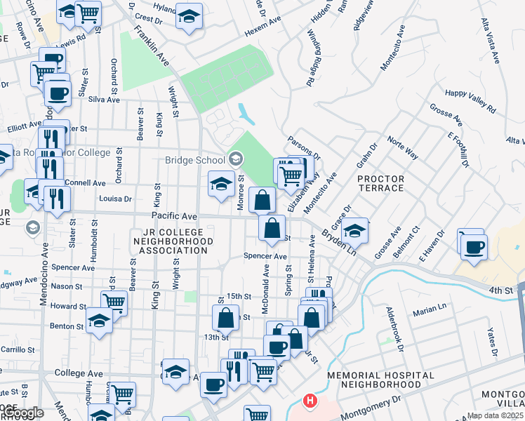 map of restaurants, bars, coffee shops, grocery stores, and more near 1421 McDonald Avenue in Santa Rosa