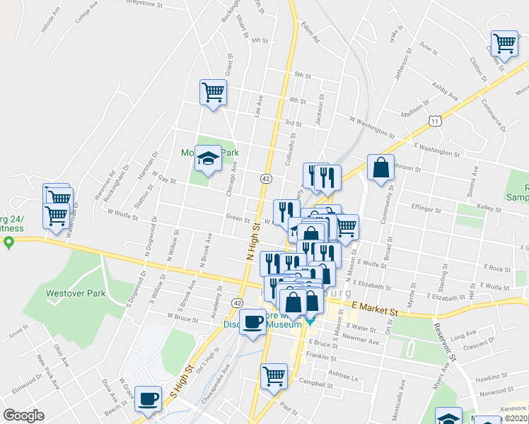 map of restaurants, bars, coffee shops, grocery stores, and more near 251 Virginia Avenue in Harrisonburg