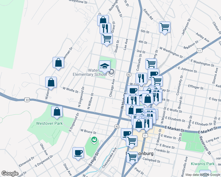 map of restaurants, bars, coffee shops, grocery stores, and more near 427 West Gay Street in Harrisonburg