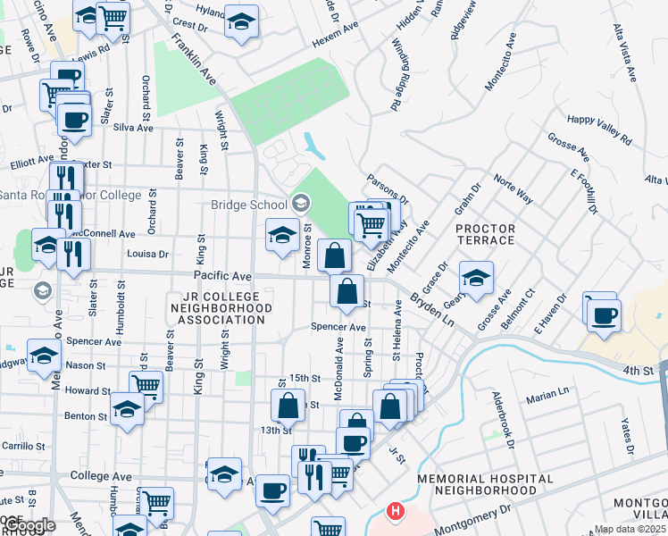 map of restaurants, bars, coffee shops, grocery stores, and more near 1421 McDonald Avenue in Santa Rosa