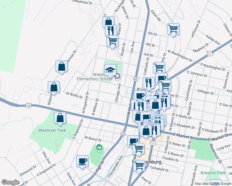 map of restaurants, bars, coffee shops, grocery stores, and more near 427 West Gay Street in Harrisonburg