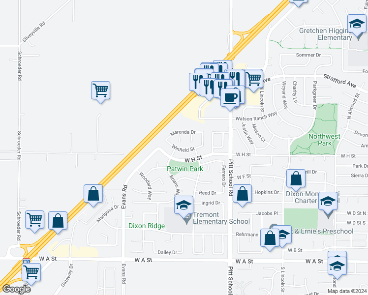 map of restaurants, bars, coffee shops, grocery stores, and more near 1650 Winfield Street in Dixon