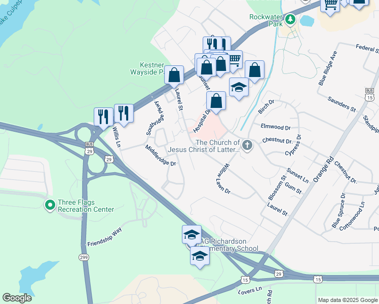 map of restaurants, bars, coffee shops, grocery stores, and more near 531 Mimosa Street in Culpeper