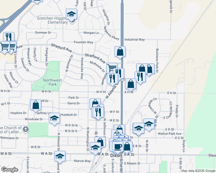 map of restaurants, bars, coffee shops, grocery stores, and more near 823 North Adams Street in Dixon