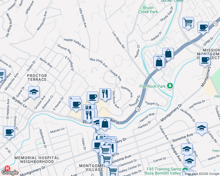 map of restaurants, bars, coffee shops, grocery stores, and more near 2525 Del Rosa Avenue in Santa Rosa
