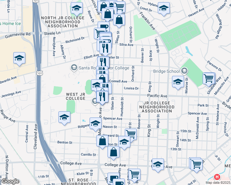 map of restaurants, bars, coffee shops, grocery stores, and more near 1237 Humboldt Street in Santa Rosa