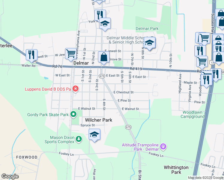 map of restaurants, bars, coffee shops, grocery stores, and more near 404 East Elizabeth Street in Delmar