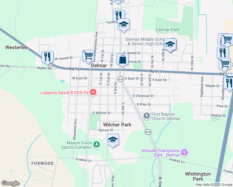 map of restaurants, bars, coffee shops, grocery stores, and more near 302 East Elizabeth Street in Delmar