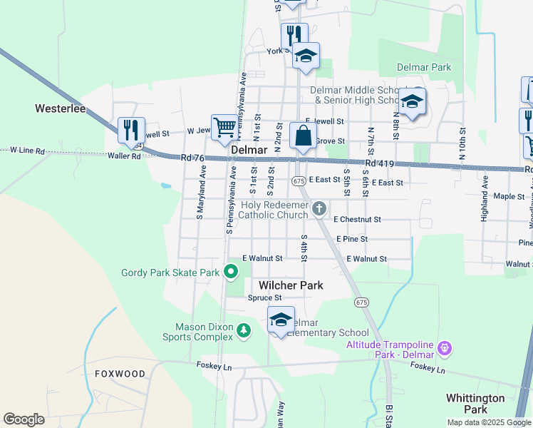 map of restaurants, bars, coffee shops, grocery stores, and more near 110 East Elizabeth Street in Delmar
