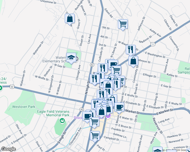 map of restaurants, bars, coffee shops, grocery stores, and more near 251 Virginia Avenue in Harrisonburg