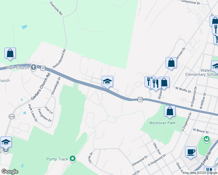 map of restaurants, bars, coffee shops, grocery stores, and more near 1341 Stonechris Drive in Harrisonburg