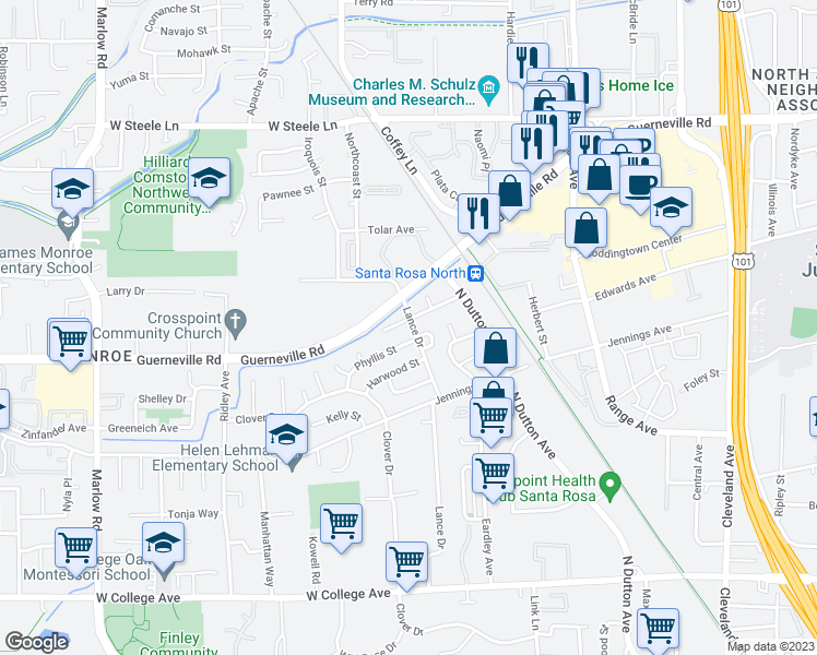 map of restaurants, bars, coffee shops, grocery stores, and more near 1649 Lance Drive in Santa Rosa