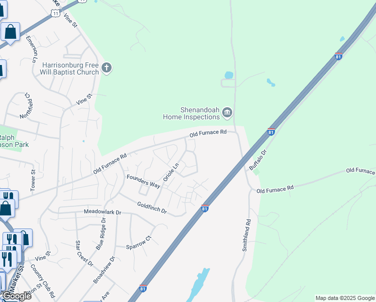 map of restaurants, bars, coffee shops, grocery stores, and more near 1130 Meridian Circle in Harrisonburg