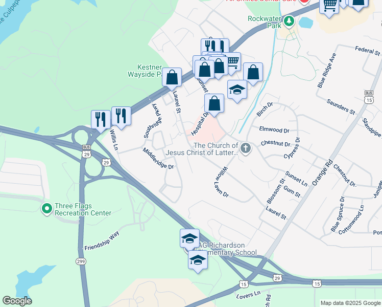 map of restaurants, bars, coffee shops, grocery stores, and more near 530 Mimosa Street in Culpeper