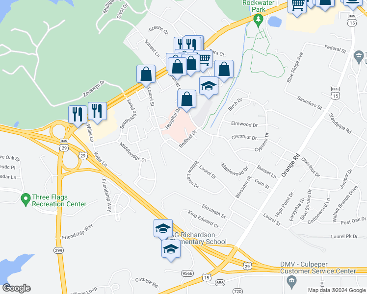map of restaurants, bars, coffee shops, grocery stores, and more near 3053 Redbud Street in Culpeper