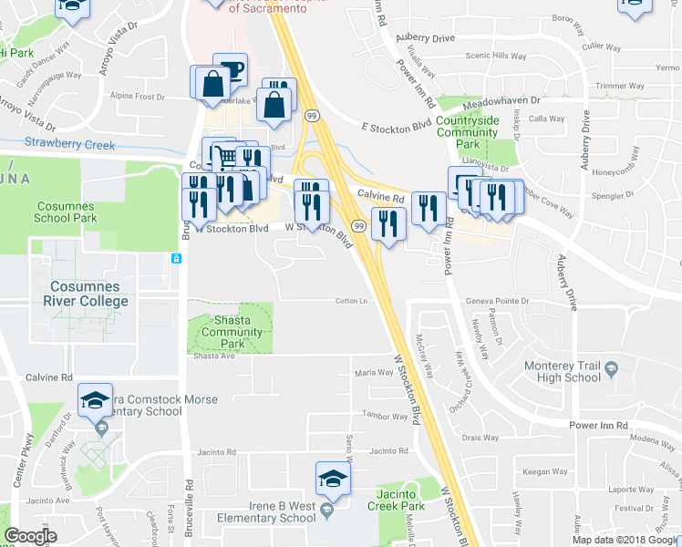 map of restaurants, bars, coffee shops, grocery stores, and more near 8000 West Stockton Boulevard in Sacramento