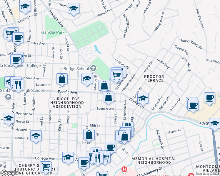 map of restaurants, bars, coffee shops, grocery stores, and more near 1555 Terrace Way in Santa Rosa