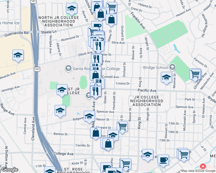map of restaurants, bars, coffee shops, grocery stores, and more near 1237 Humboldt Street in Santa Rosa