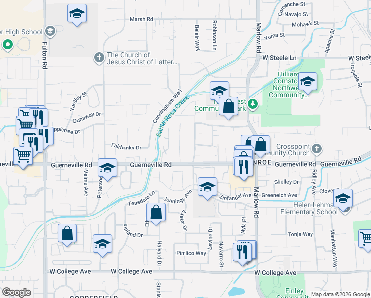 map of restaurants, bars, coffee shops, grocery stores, and more near 1615 Gamay Street in Santa Rosa