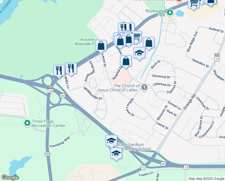 map of restaurants, bars, coffee shops, grocery stores, and more near 530 Mimosa Street in Culpeper