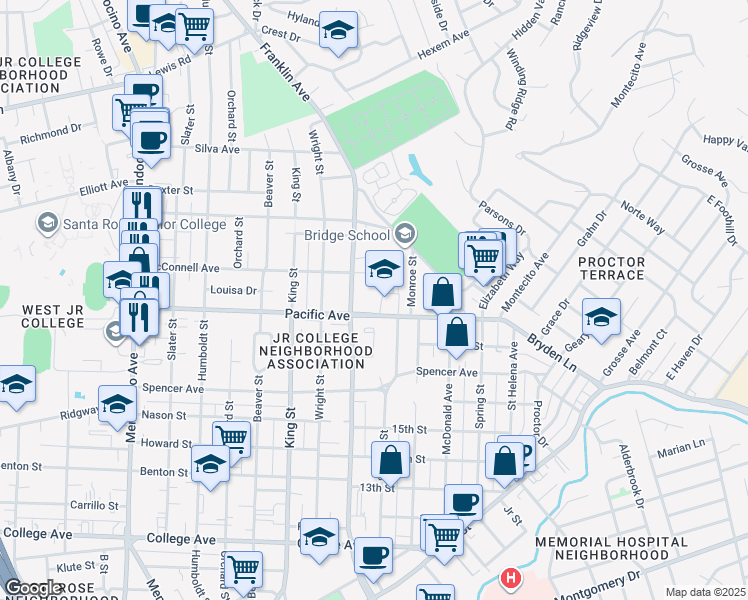 map of restaurants, bars, coffee shops, grocery stores, and more near 1229 Pacific Avenue in Santa Rosa