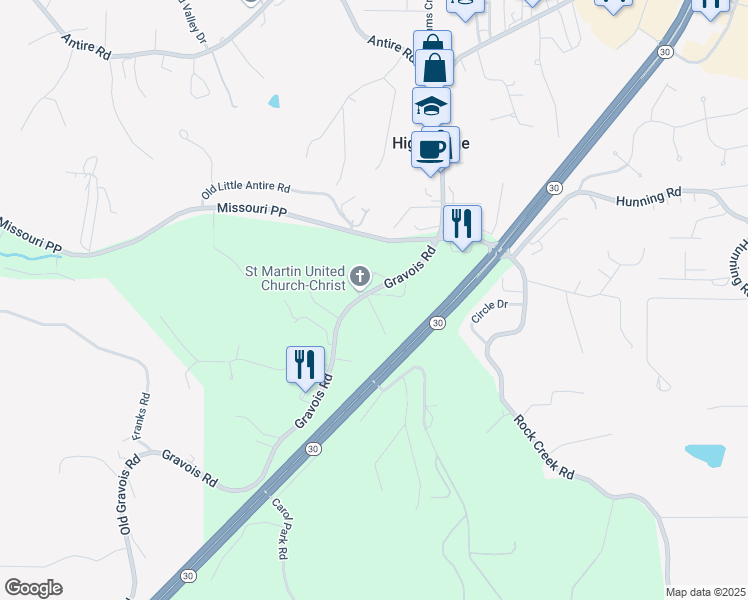 map of restaurants, bars, coffee shops, grocery stores, and more near 3200 High Ridge Heights in High Ridge