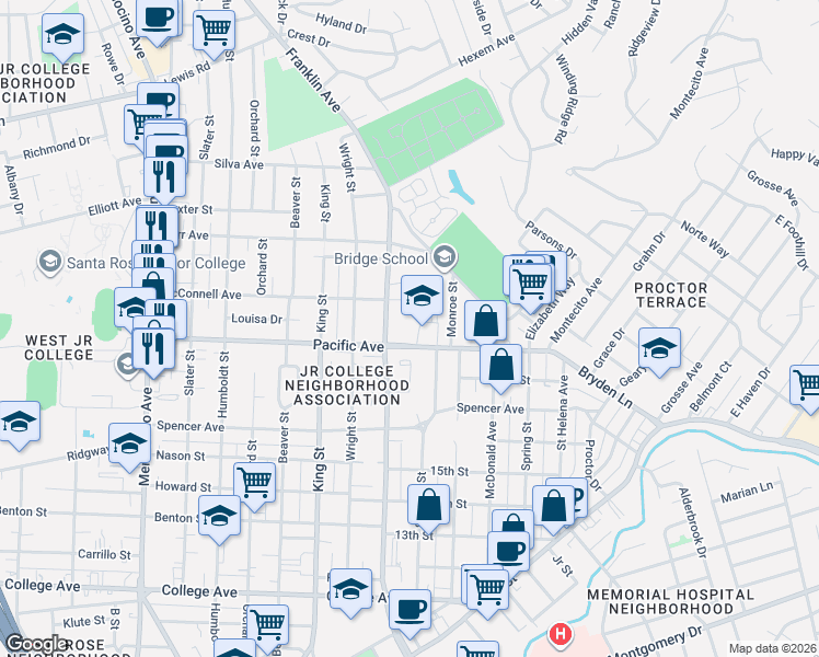 map of restaurants, bars, coffee shops, grocery stores, and more near 1480 North Street in Santa Rosa
