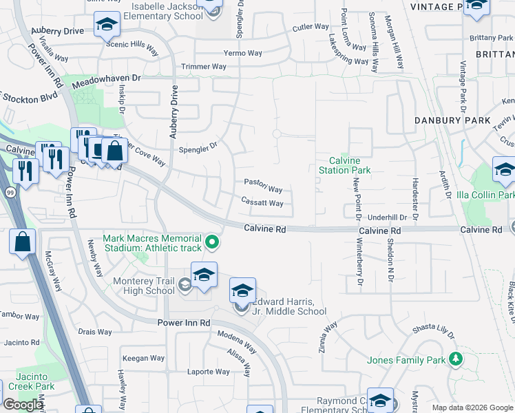 map of restaurants, bars, coffee shops, grocery stores, and more near 8435 Cassatt Way in Sacramento