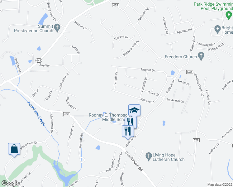 map of restaurants, bars, coffee shops, grocery stores, and more near 65 Kinross Drive in Stafford