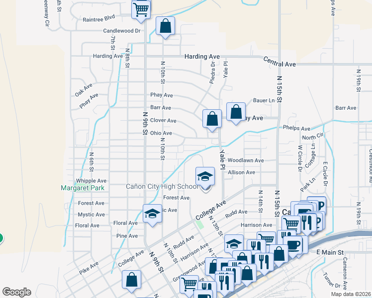 map of restaurants, bars, coffee shops, grocery stores, and more near 1102 Fairview Avenue in Cañon City