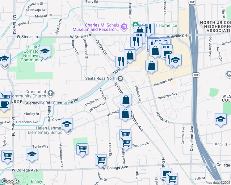map of restaurants, bars, coffee shops, grocery stores, and more near 1736 Ensenada Court in Santa Rosa