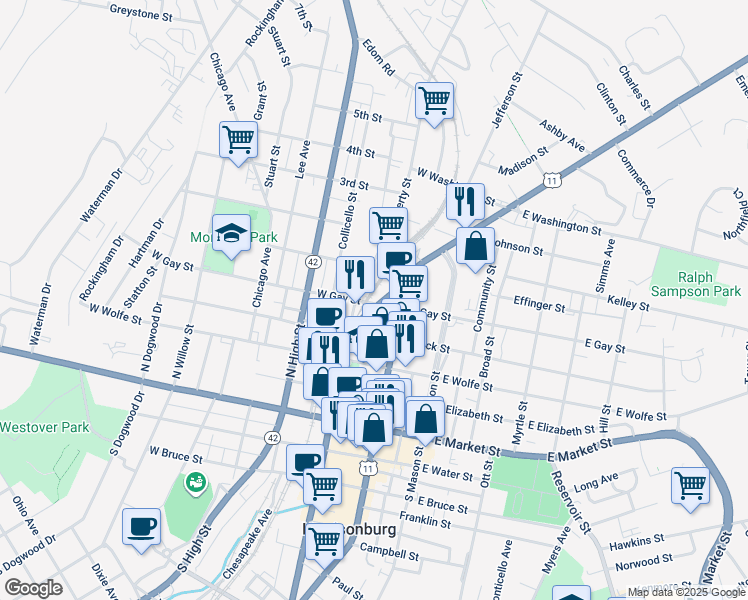 map of restaurants, bars, coffee shops, grocery stores, and more near 56 West Gay Street in Harrisonburg